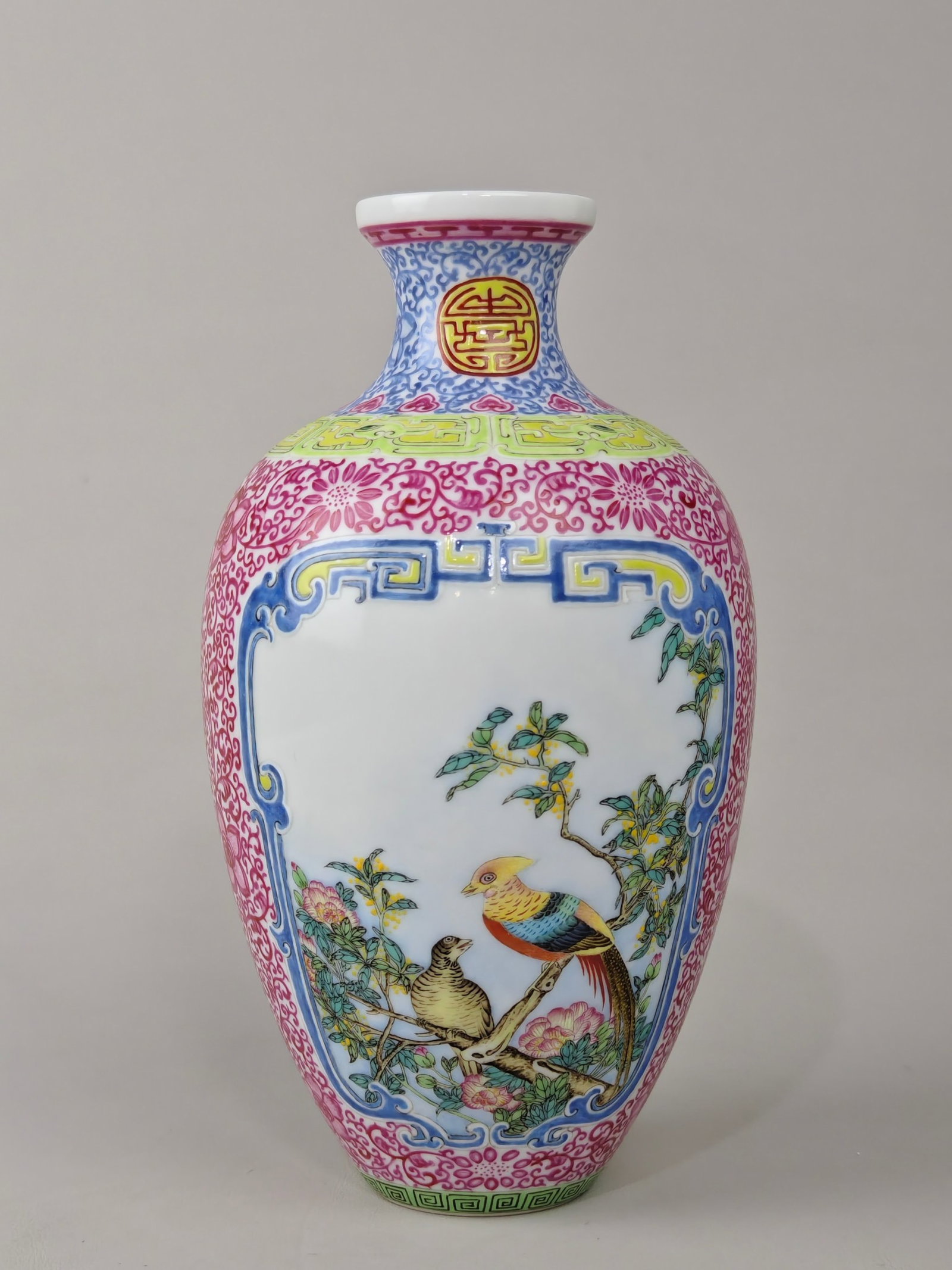 An Exquisite Enamel Ruby Red-Glazed Flower and Bird Pattern Vase: An Exquisite Enamel Ruby Red-Glazed Flower and Bird Pattern Vase,Qing Dynasty,China,Qianlong Four-character Mark,Size:7.9inx4.7in 珐琅彩胭脂红花鸟ಬ