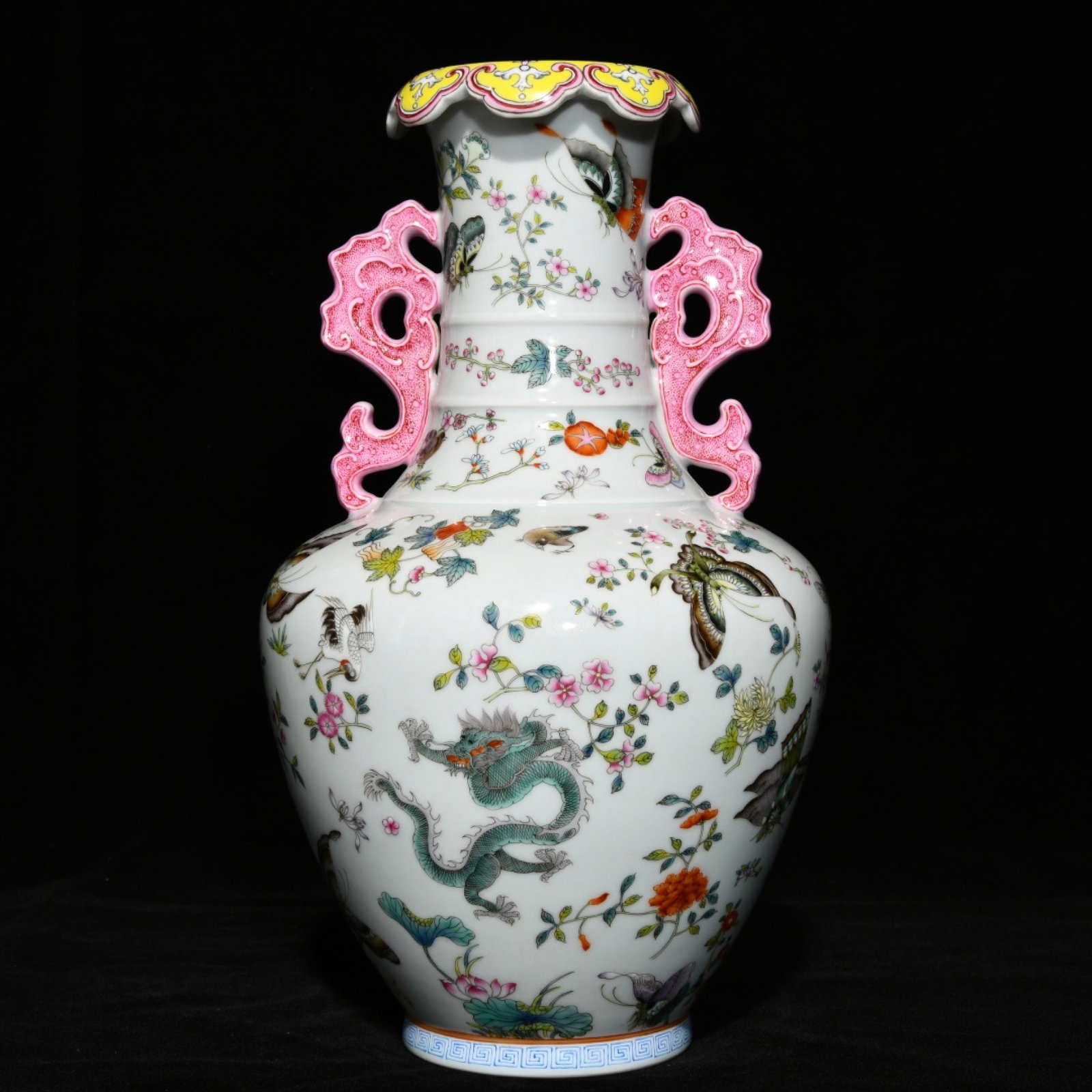 A Rare Famille-Rose Dragon and Phoenix Pattern Double-Ears Vase: A Rare Famille-Rose Dragon and Phoenix Pattern Double-Ears Vase,Qing Dynasty,China,Qianlong Six-character Mark,Size:13inx7.7in 粉彩龙凤纹双耳瓶,中