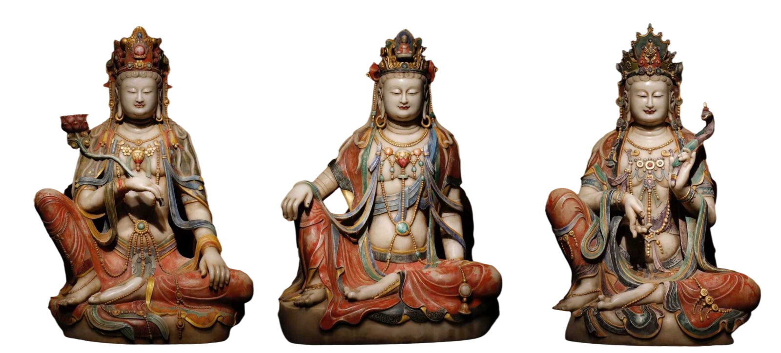 A Set of Solemn Marble Painted Color Statue of Bodhisattva: A Set of Solemn Marble Painted Color Statue of Bodhisattva,Tang Dynasty,China,Size:41.7inx30.3inx21.7in 一套汉白玉彩绘菩萨像,中国