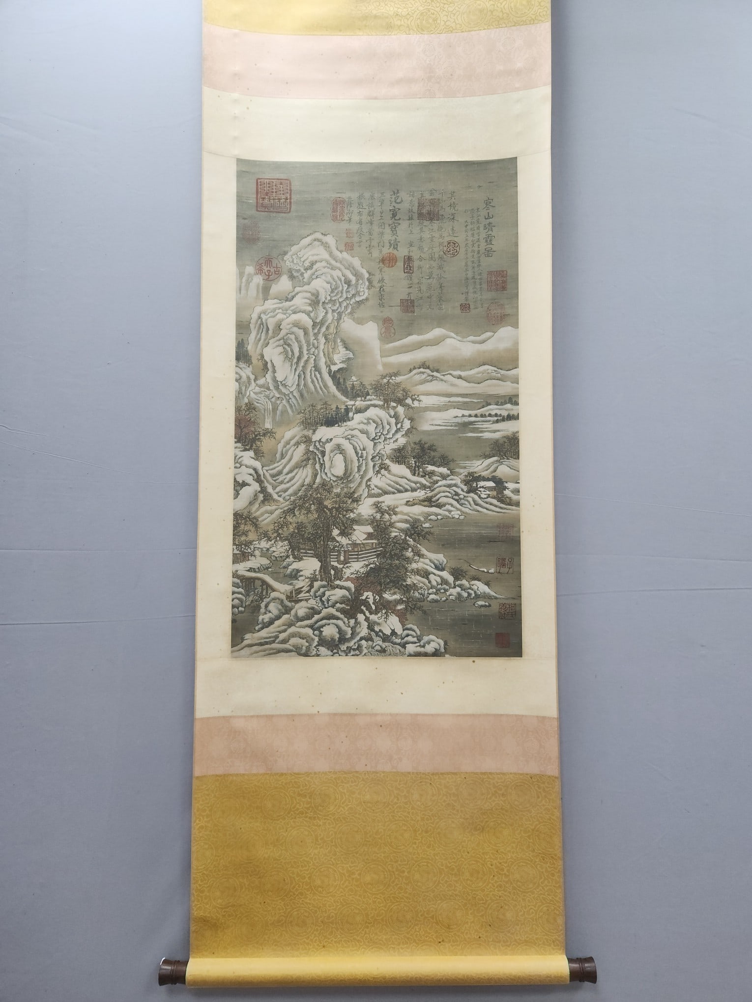 A Chinese Vertical Scroll Ink Painting of Landscape on Silk,Fan Kuan: A Chinese Vertical Scroll Ink Painting of Landscape on Silk,Fan Kuan,Size:(Without frame)35inx19.7in 一幅中国水墨绢本山水画立