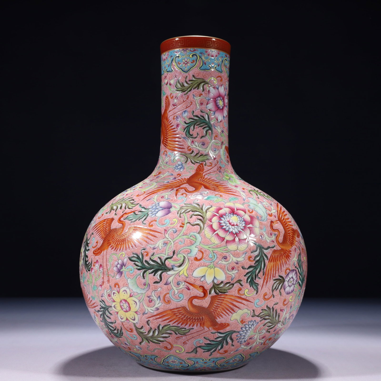 An Exquisite Pink Ground Famille-Rose Flower and Phoenix Pattern Vase: An Exquisite Pink Ground Famille-Rose Flower and Phoenix Pattern Vase