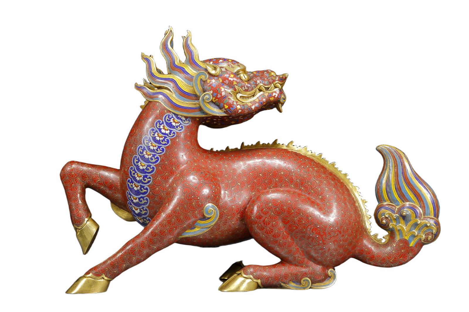 A Huge Cloisonne Kylin Ornament: A Huge Cloisonne Kylin Ornament,Qing Dynasty, China,Qianlong Four-character Mark,Size:23.6inx7.9inx17.3in,Weight:14985g