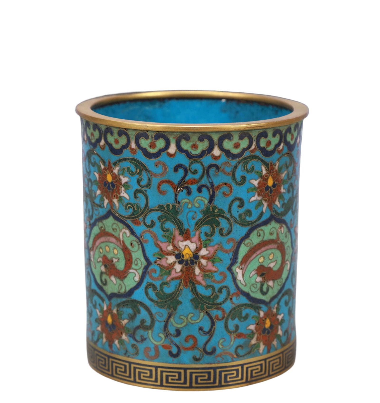 An Exquisite Cloisonne Lotus Pattern Brush Pot: An Exquisite Cloisonne Lotus Pattern Brush Pot,Qing Dynasty,China,Size:3.9inx4.5in,Weight:450g 景泰蓝缠枝莲纹笔筒,中国清代