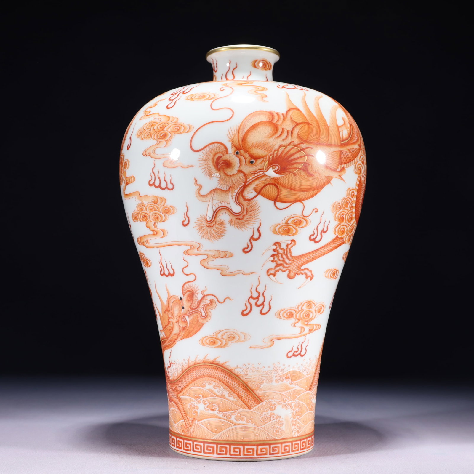 An Exquisite Iron-Red Painted Gold Auspicious Cloud and Dragon Pattern Vase: An Exquisite Iron-Red Painted Gold Auspicious Cloud and Dragon Pattern Vase 矾红描金祥云龙纹瓶,中国清代,乾隆&#