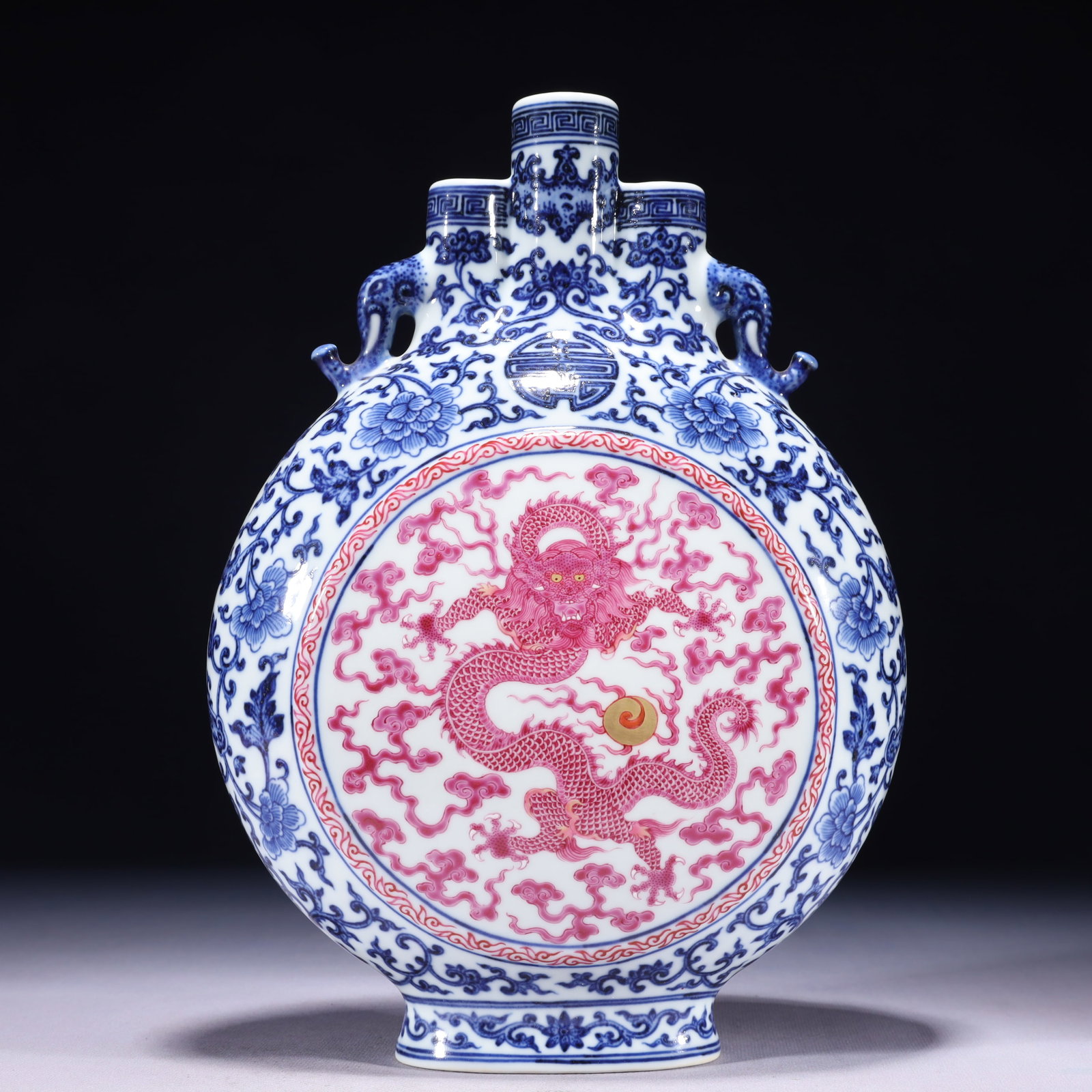 An Exquisite Blue and White Ruby Red-Glazed Auspicious Cloud and Dragon Pattern Double-Ears Vase: An Exquisite Blue and White Ruby Red-Glazed Auspicious Cloud and Dragon Pattern Double-Ears Vase