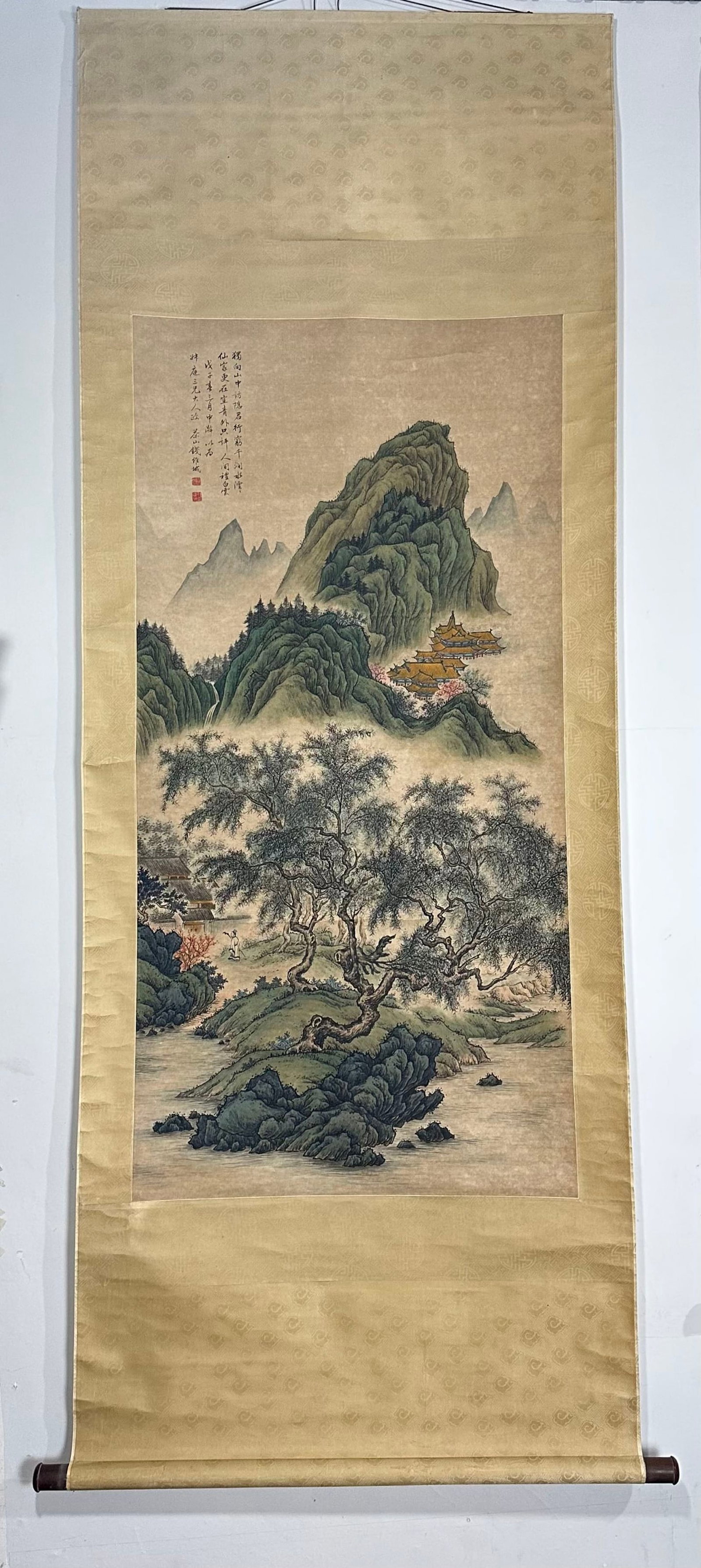 A Chinese Vertical Scroll Ink Painting of Landscape on Paper: A Chinese Vertical Scroll Ink Painting of Landscape on Paper,Qian Weicheng,Size:(entirety)85.8inx32.3in,(Without frame)53.1inx25.6in 一幅中国水墨山水