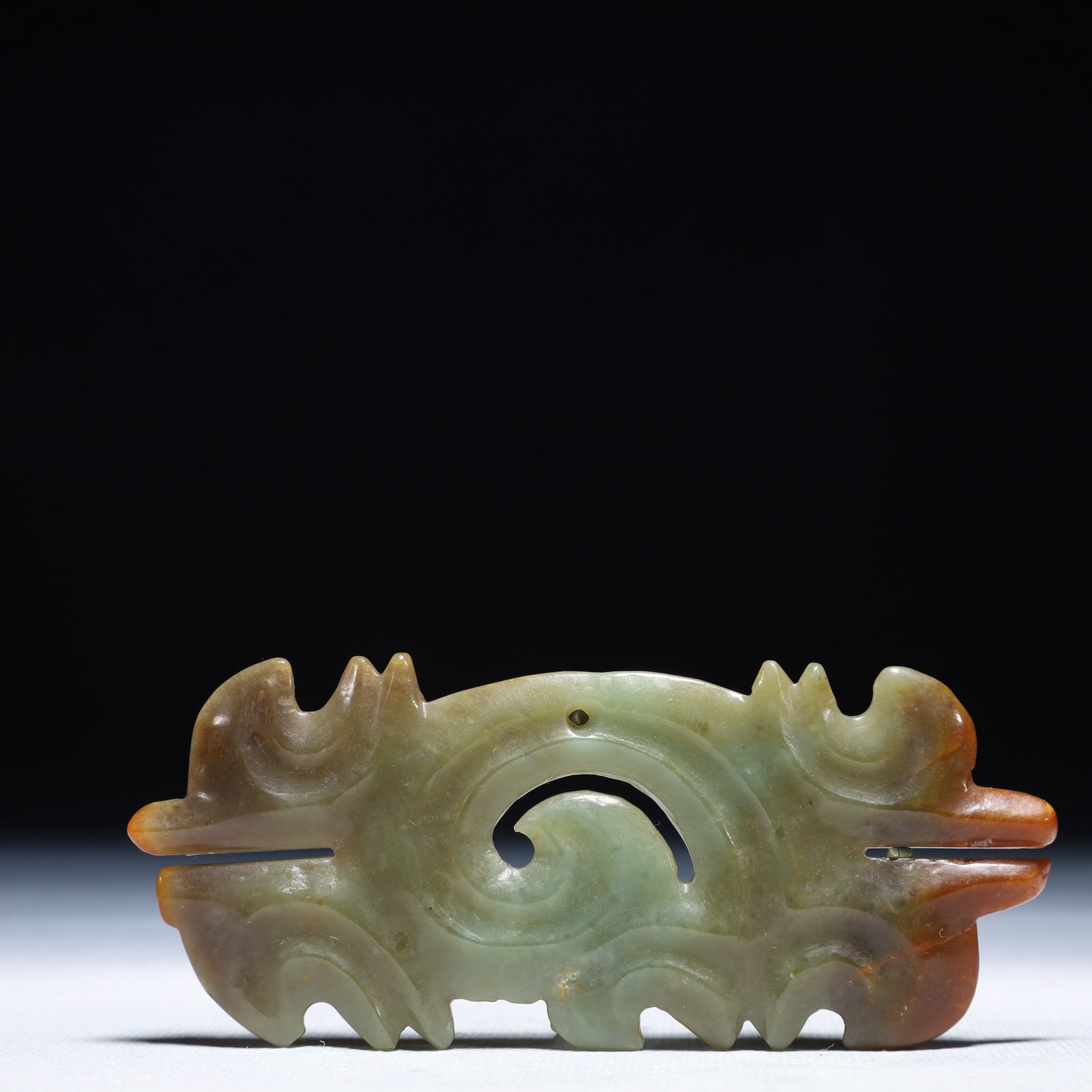 An Archaic Hongshan Culture Greenish Jade Auspicious Cloud Pattern Pendant: An Archaic Hongshan Culture Greenish Jade Auspicious Cloud Pattern Pendant,Ancient Time,China,Size:4.3inx1.8in,Weight:66.6g