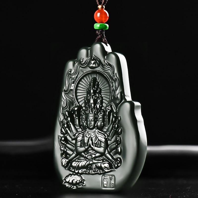 An Exquisite Cyan jade Statue of Thousand-Hand Avalokitesvara Pendant: An Exquisite Cyan jade Statue of Thousand-Hand Avalokitesvara Pendant,Size:2.5inx1.7inx0.3in 青玉千手观音像挂件