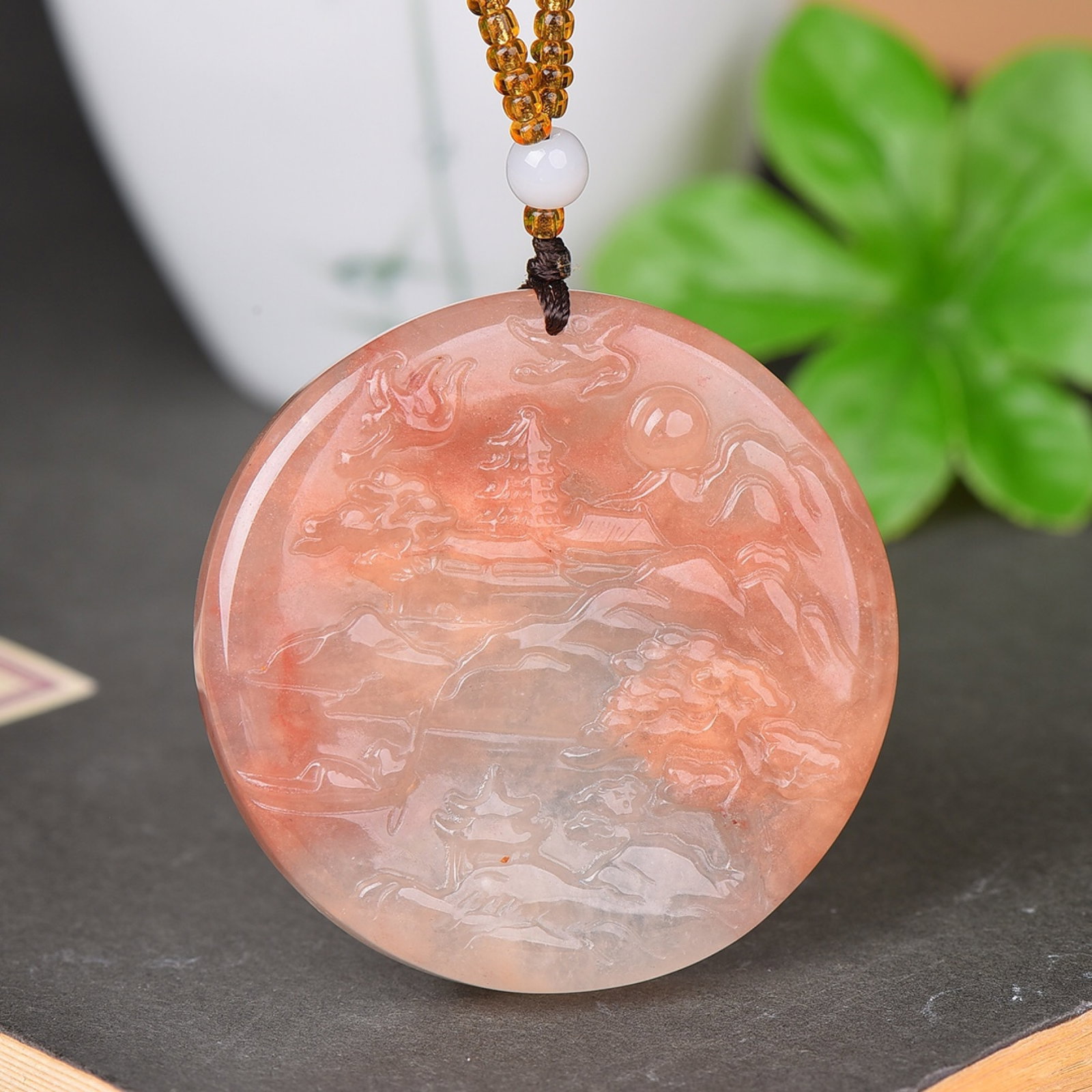 An Exquisite Red Jade Landscape Pattern Pendant: An Exquisite Red Jade Landscape Pattern Pendant,Size:2inx2in 红玉山水纹挂件