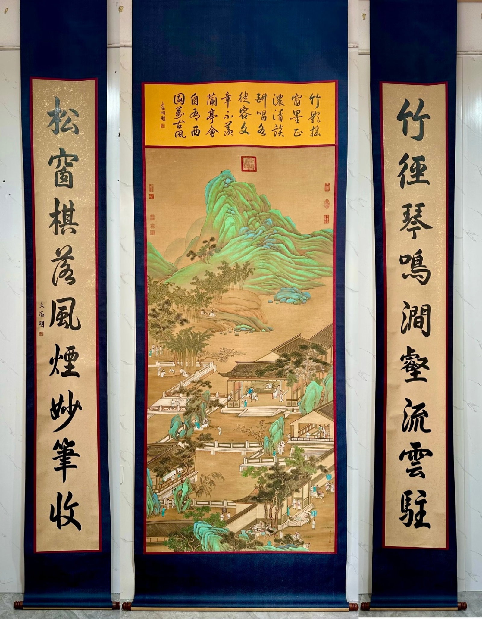 A Set of Chinese Vertical Scroll Ink Painting of Landscape and Figure on Silk: A Set of Chinese Vertical Scroll Ink Painting of Landscape and Figure on Silk,Chou Ying,Size:(entirety)124inx44.5in,(Without frame)83.5inx39.4in