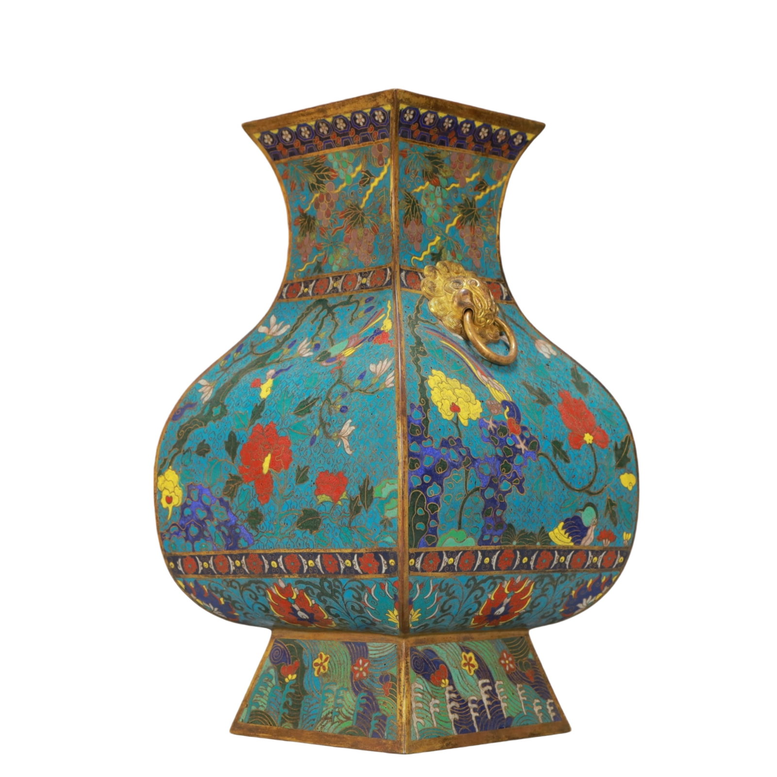 A Huge Cloisonne Flower and Bird Pattern Double-Ears Vase: A Huge Cloisonne Flower and Bird Pattern Double-Ears Vase,Ming Dynasty, China,Jingtai Six-character Mark,Size:8.7inx15.7in,Weight:5200g 景泰蓝花鸟纹双耳