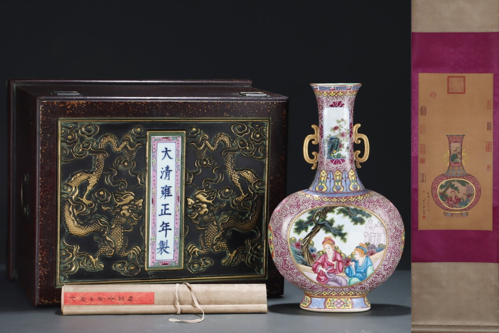 A Huge Enamel Painted Gold Character and Story Pattern Double-Ears Vase,with Chinese Vertical Scroll: A Huge Enamel Painted Gold Character and Story Pattern Double-Ears Vase,with Chinese Vertical Scroll Ink Painting on Silk,Qing Dynasty,China,Yongzheng Four-character