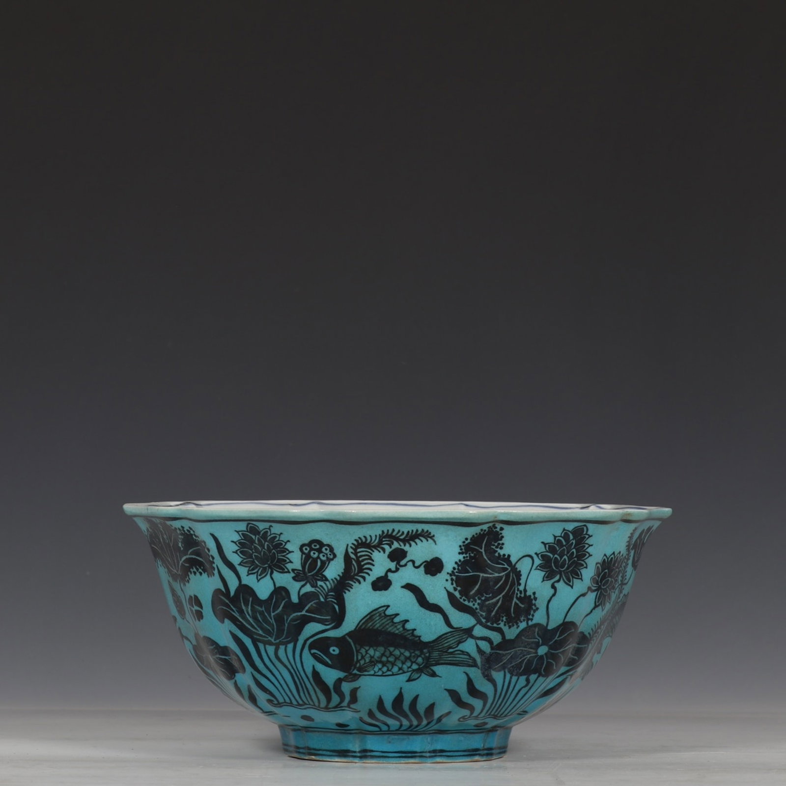An Exquisite Blue Ground Blue and White Hornwort Pattern Bowl: An Exquisite Blue Ground Blue and White Hornwort Pattern Bowl,Ming Dynasty,China,Xuande Six-character Mark,Size:4.1inx8.9in