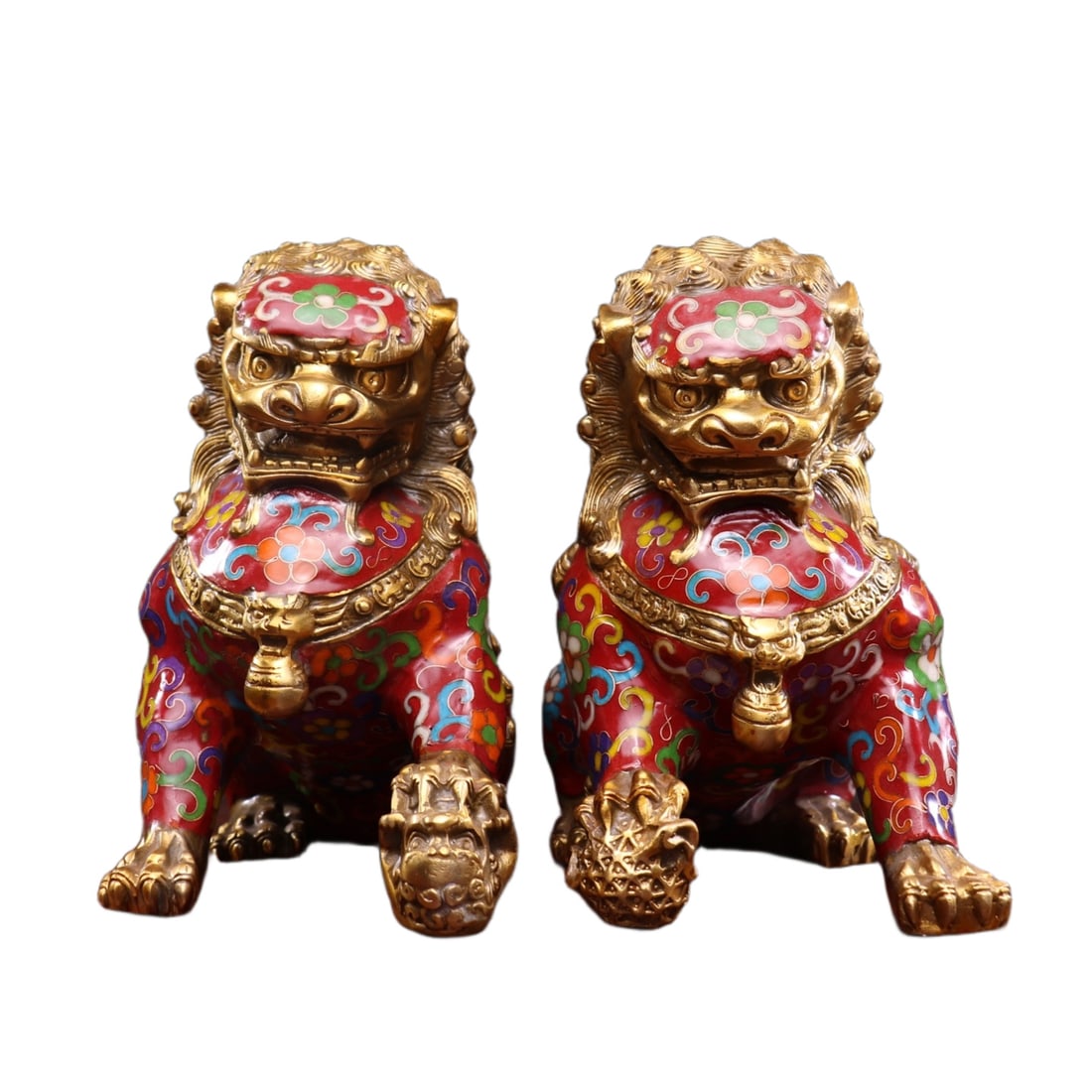 A Pair of Exquisite Gilt Bronze Cloisonne Lotus Pattern Lion Ornaments
