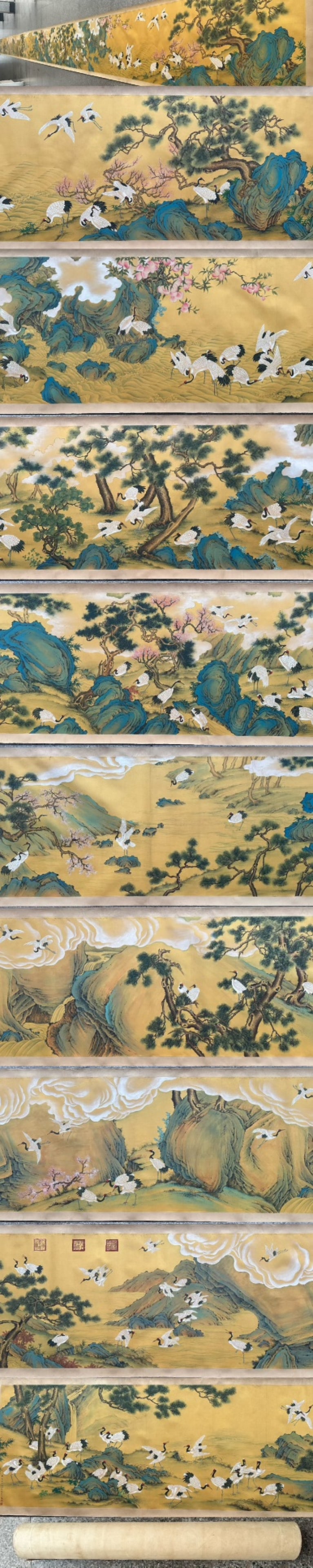 A Chinese Ink Painting of Pine and Crane on Paper: A Chinese Ink Painting of Pine and Crane on Paper,Shen Quan,Size:720.5inx39.4in 一幅中国水墨松鹤画,沈铨