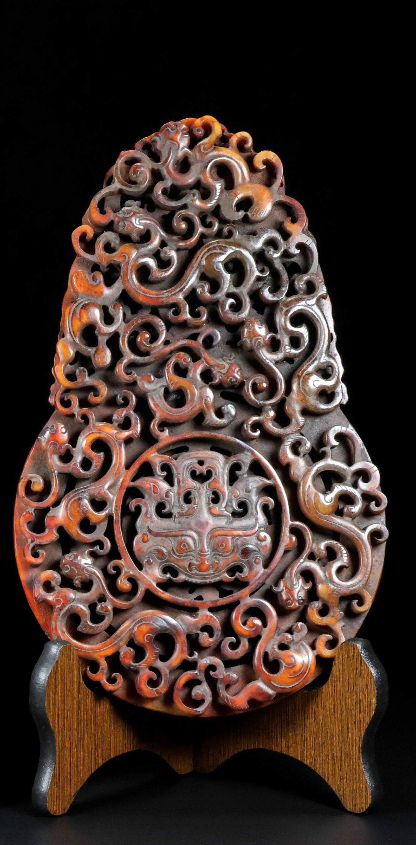 An Exquisite Archaic Jade Beast-Face Pattern Ornament: An Exquisite Archaic Jade Beast-Face Pattern Ornament,Ancient Time,China,Size:10.2inx6.3inx1in,Weight:816g 高古玉兽面纹摆件,中国远