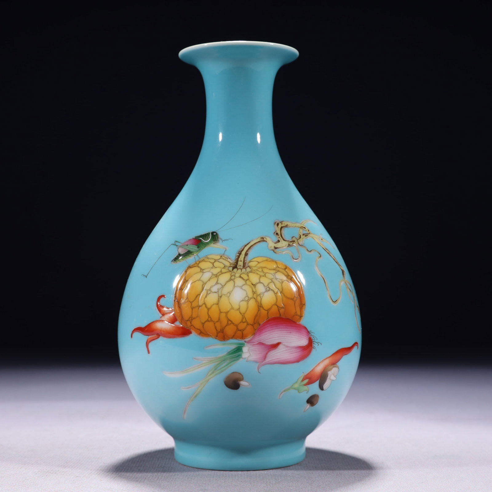 An Exquisite Turquoise Glazed Enamel Vegetables and Fruits Pattern Vase,with poem: An Exquisite Turquoise Glazed Enamel Vegetables and Fruits Pattern Vase,with poem,Qing Dynasty,China,Yongzheng Four-character Mark,Size:3.5inx7.1in,Weight:500g