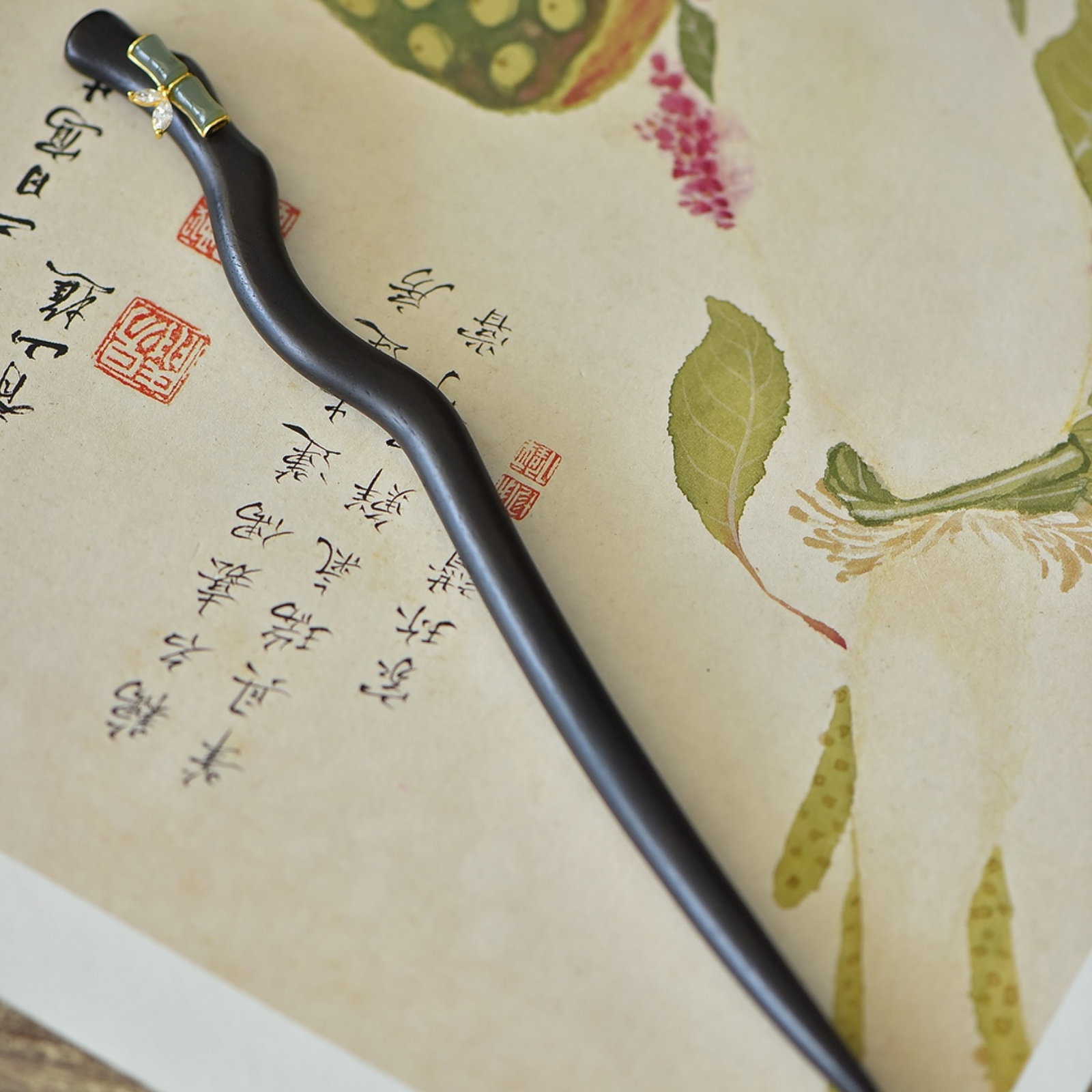 An Exquisite Sterling Silver-Gold Plated Inlaid Jasper Ebony Hairpin,Inlaid Diamond: An Exquisite Sterling Silver-Gold Plated Inlaid Jasper Ebony Hairpin,Inlaid Diamond,Size:0.2inx0.2in 纯银镀金镶碧玉黑檀木发簪,&#