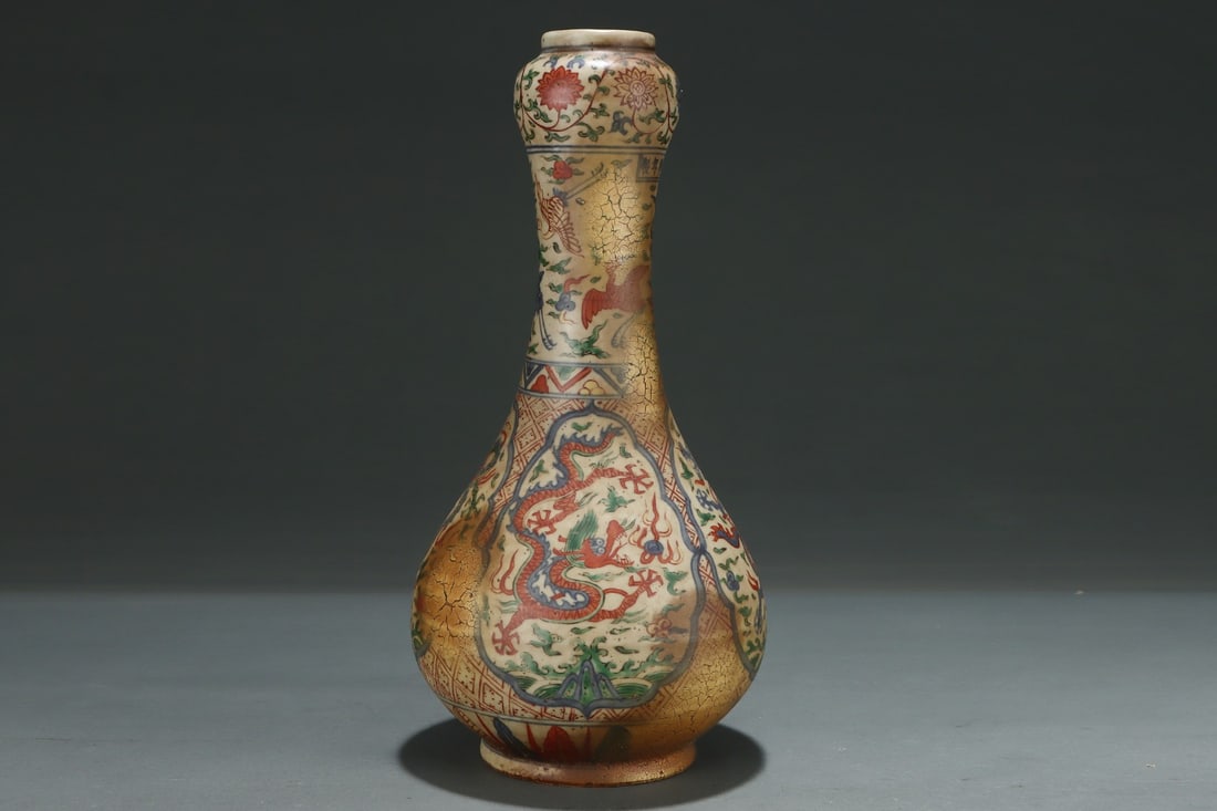 An Exquisite Wucai Dragon Pattern Crane Pattern Lotus Pattern Vase - 4