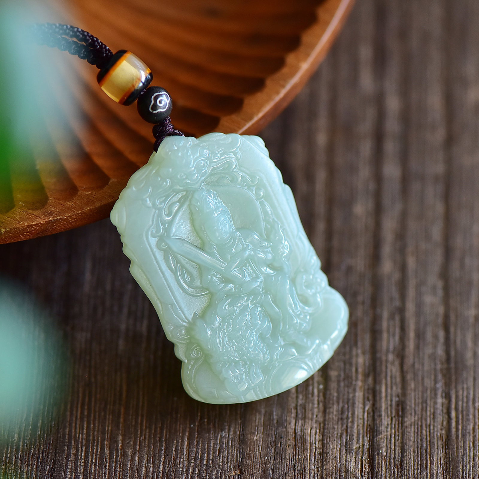 An Exquisite Greenish Jade Bodhisattva Pendant - 4