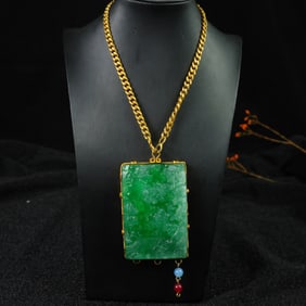 An Exquisite Jadeite Cover with Gold Landscape Pattern Pendant,Inlaid Gems,With Poem