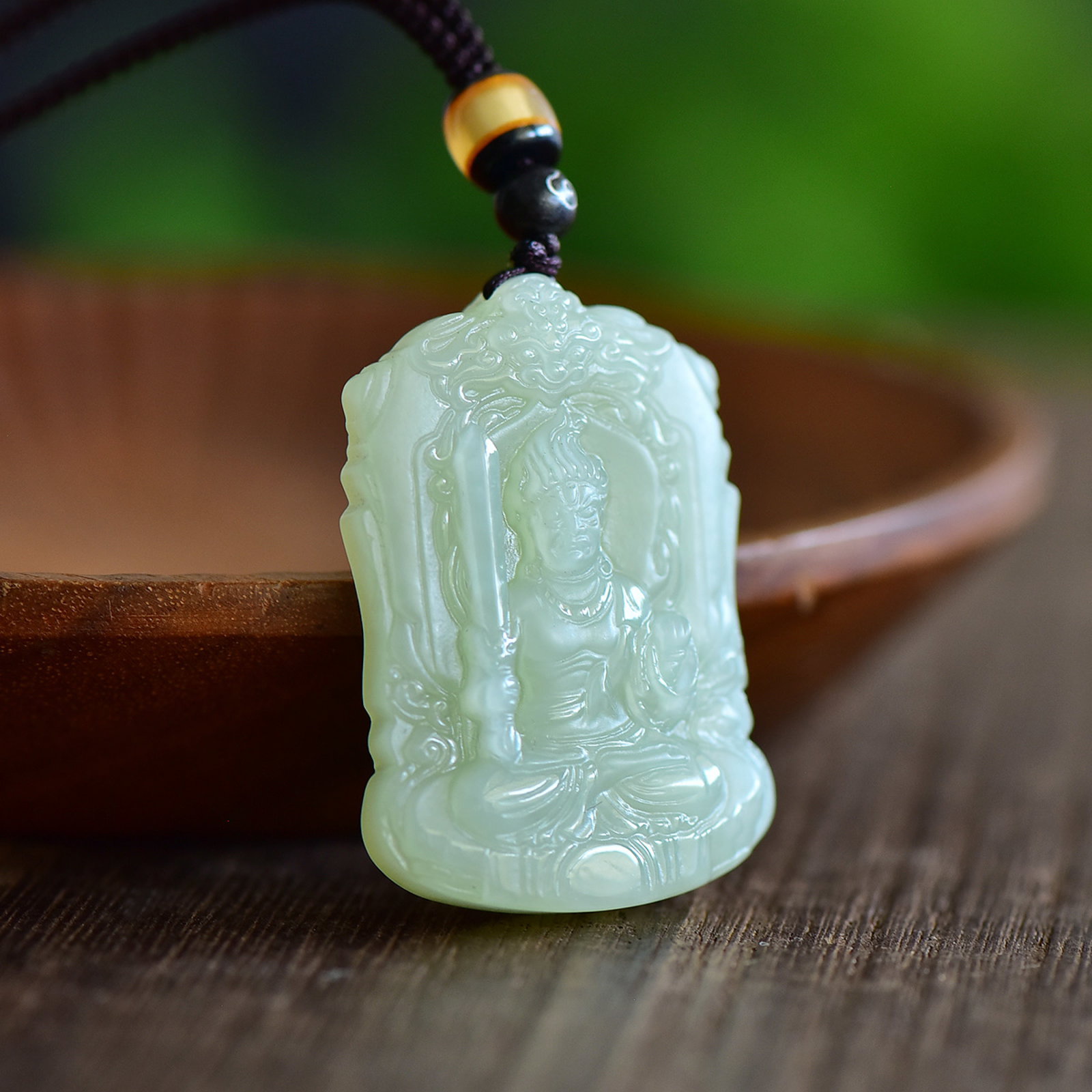 An Exquisite Greenish Jade Bodhisattva Pendant - 2