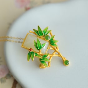 An Exquisite Sterling Silver-Gold Plated Inlaid White Jade Enamel Brooch