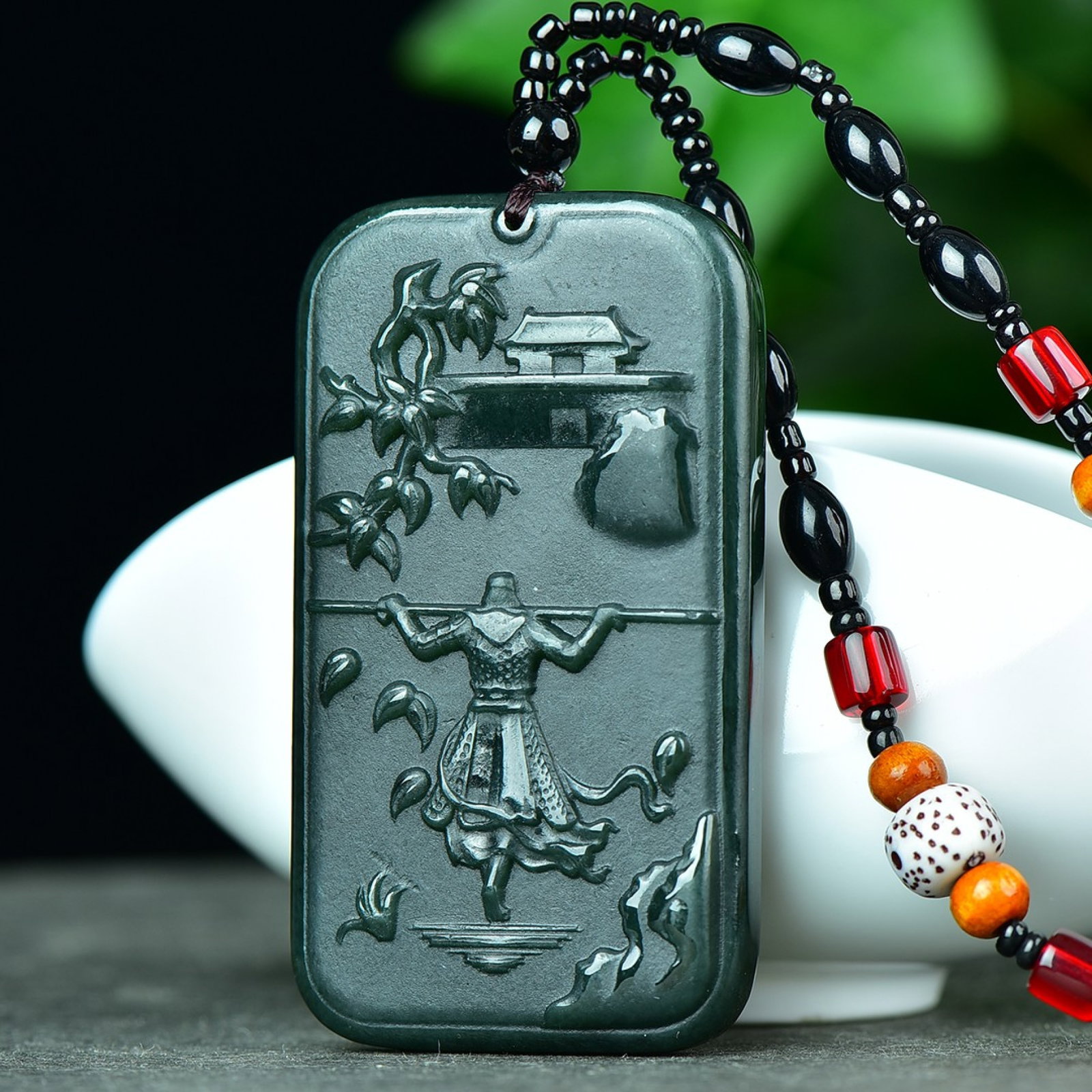 An Exquisite Sapphire Landscape and Monkey King Pattern Pendant: An Exquisite Sapphire Landscape and Monkey King Pattern Pendant,Size:37mmx66mm (寓意) 心怀天下 降妖除魔