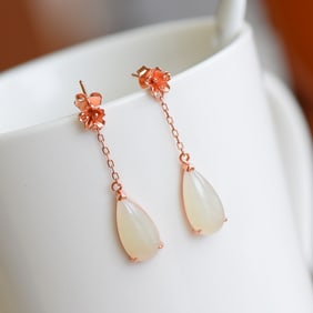 A Pair of Exquisite Sterling Silver-Gold Plated Inlaid White Jade Earrings