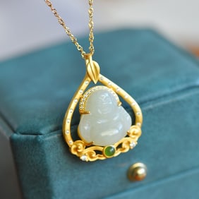 An Exquisite Sterling Silver-Gold Plated Inlaid White Jade Pendant,Inlaid Jasper and Gems