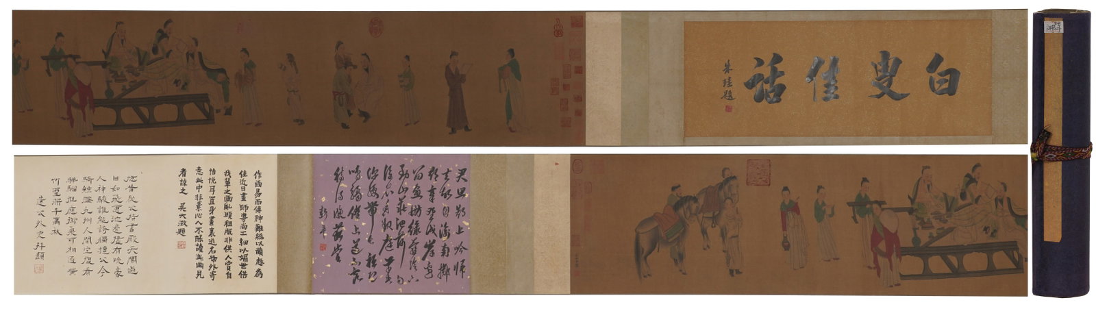 A Chinese Hand Scroll Ink Painting of Character and Story on Silk: A Chinese Hand Scroll Ink Painting of Character and Story on Silk,Liu Songnian,Size:11.4inx151.2in