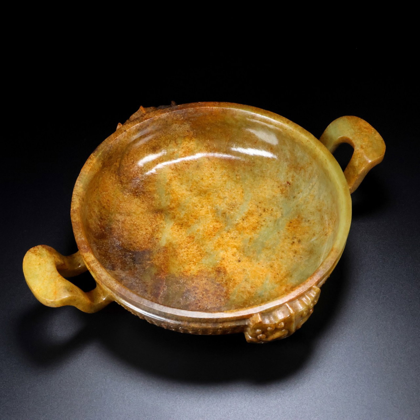 An Exquisite White Jade Beast-Face Pattern Double-Ears Bowl: An Exquisite White Jade Beast-Face Pattern Double-Ears Bowl,Qing Dynasty,China,Size:11.8inx9.8inx2.4in,Weight:1142g 白玉兽面纹双耳碗,中国