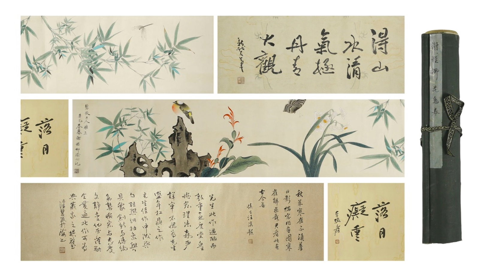 A Chinese Hand Scroll Ink Painting of Flower and Bird on Paper,Xie Zhiliu: A Chinese Hand Scroll Ink Painting of Flower and Bird on Paper,Xie Zhiliu,Size:(Without frame)80.7inx12.2in
