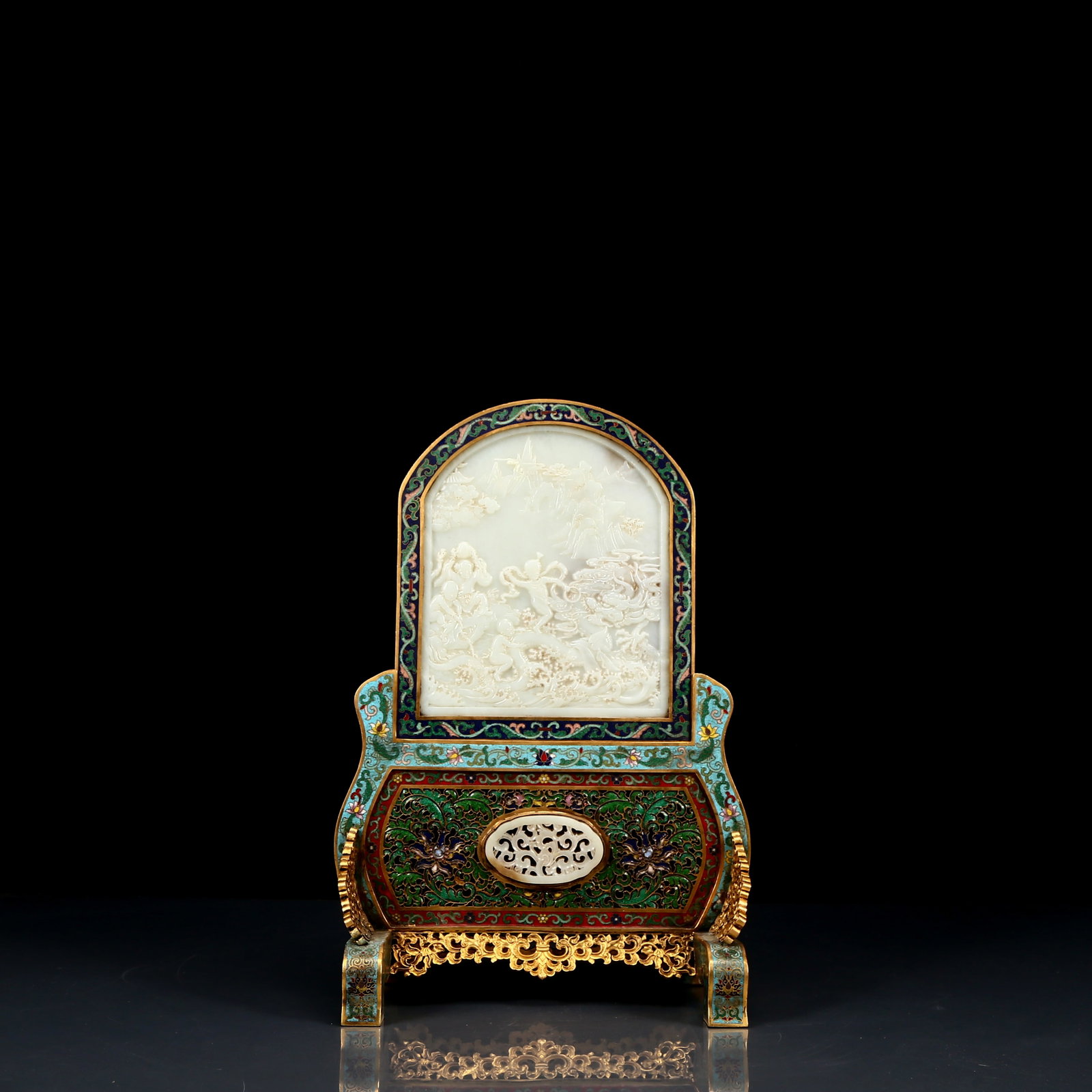 A Rare Cloisonne Inlaid White Jade Character and Story Pattern Table Screen,with an Imperial Poem by: A Rare Cloisonne Inlaid White Jade Character and Story Pattern Table Screen,with an Imperial Poem by Emperor Qianlong,Qing Dynasty, China,Qianlong Four-character Mark,Size:9.4inx5.9inx13.8in,Weight:25