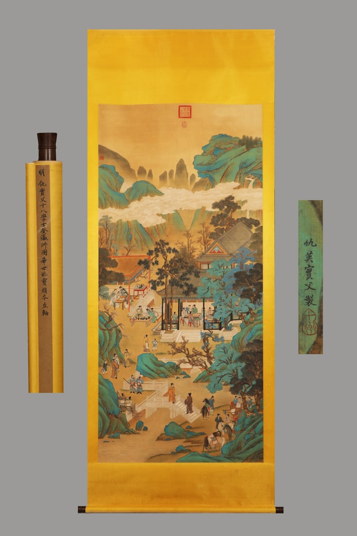 A Chinese Vertical Scroll Ink Painting of Landscape and Figure on Silk,Chou Ying: A Chinese Vertical Scroll Ink Painting of Landscape and Figure on Silk,Chou Ying,Size:(Without frame)90.6inx40.9in 一幅中国水墨绢本山水É