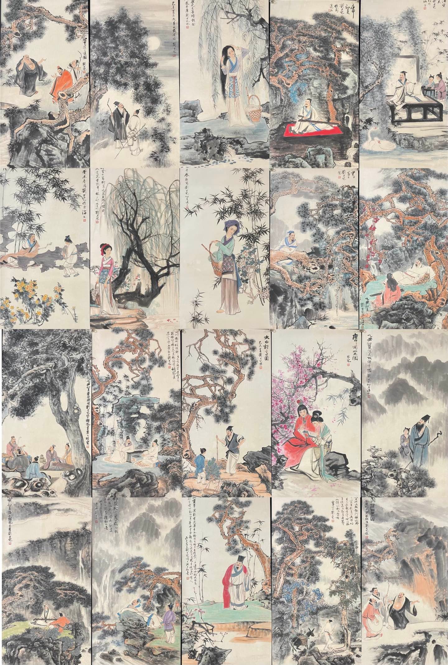 A Set of Chinese Ink Painting of Landscape and Figure on Paper,Liu Danzhai: A Set of Chinese Ink Painting of Landscape and Figure on Paper,Liu Danzhai,Size:26.8inx53.9in*20 一套中国水墨山水人物画,刘ਰ