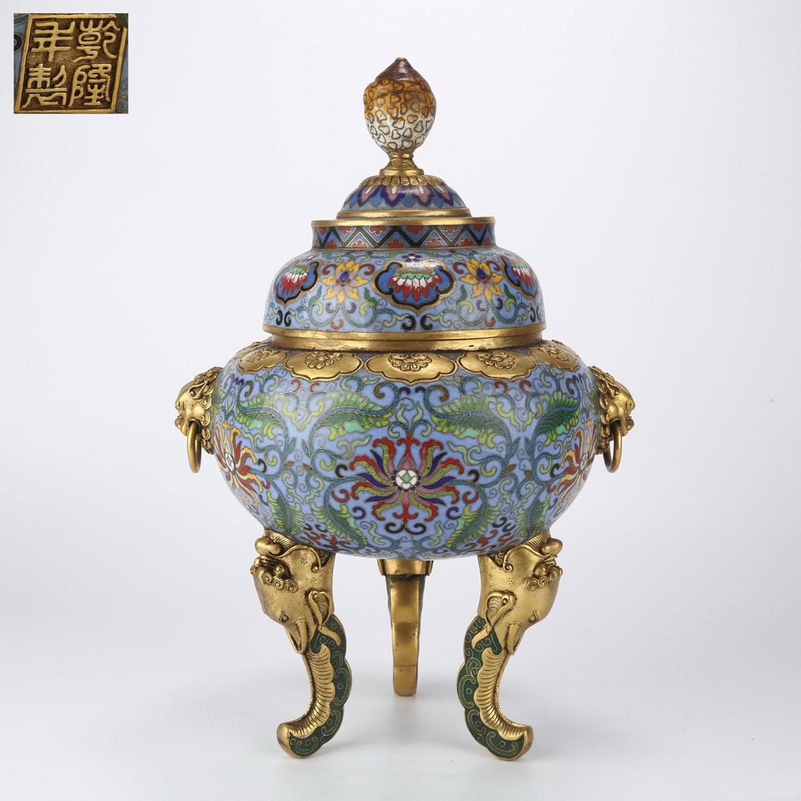 A Rare Cloisonne Lotus Pattern Beast-Ears Tripod Censer: A Rare Cloisonne Lotus Pattern Beast-Ears Tripod Censer,Qing Dynasty, China,Qianlong Four-character Mark,Size:13inx9.8in,Weight:4.3kg 景泰蓝缠枝莲纹兽&#