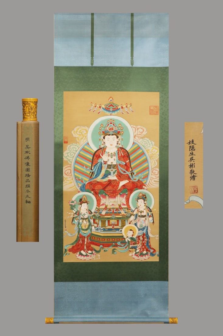 A Chinese Vertical Scroll Ink Painting of Buddha Statue on Silk,Wu Bin (1 of 12)