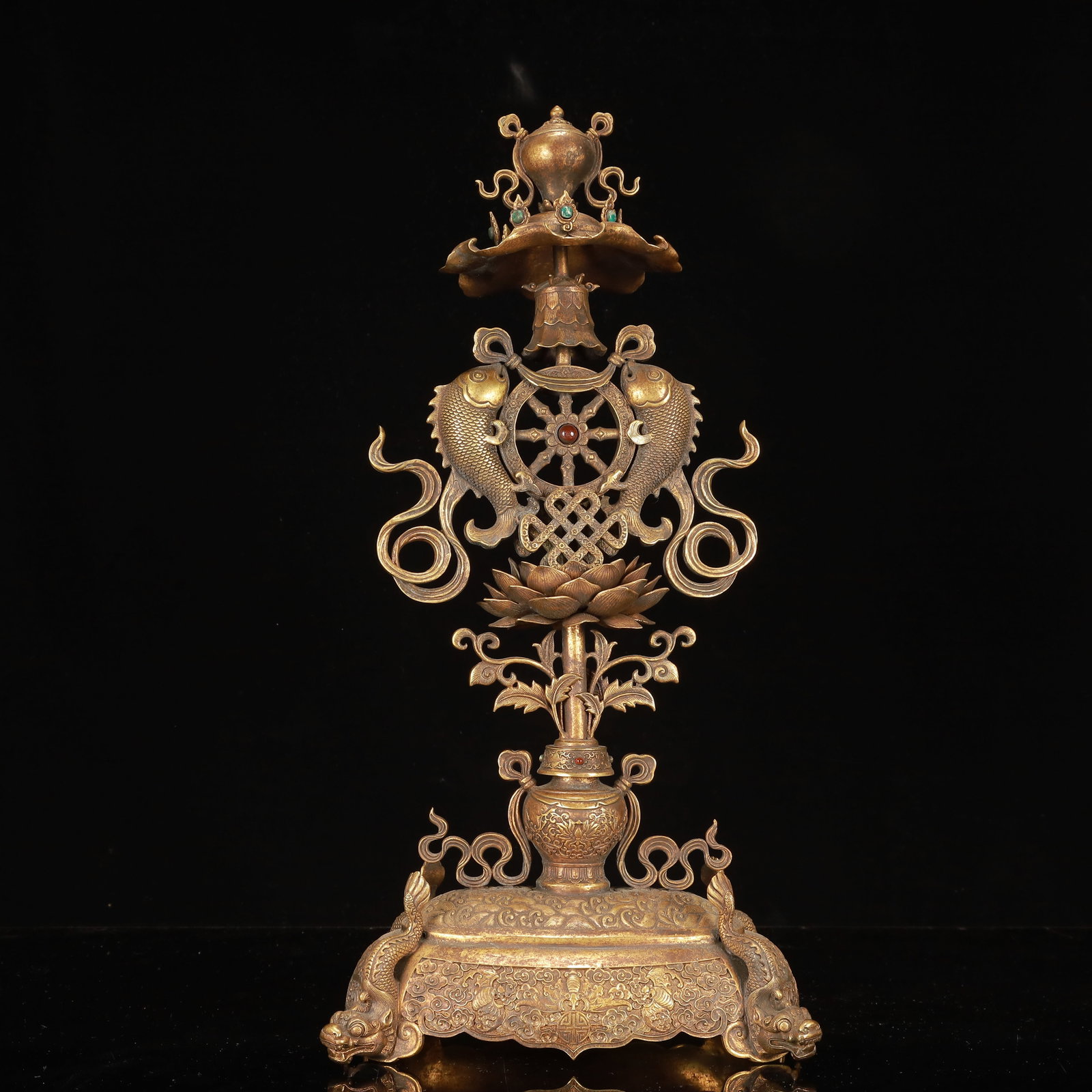 A Huge Gilt Bronze Eight Treasures Ornament: A Huge Gilt Bronze Eight Treasures Ornament,Qing Dynasty, China,Size:9.4inx5.9inx19.3in,Weight:4100g 铜鎏金八宝摆件,中国清代