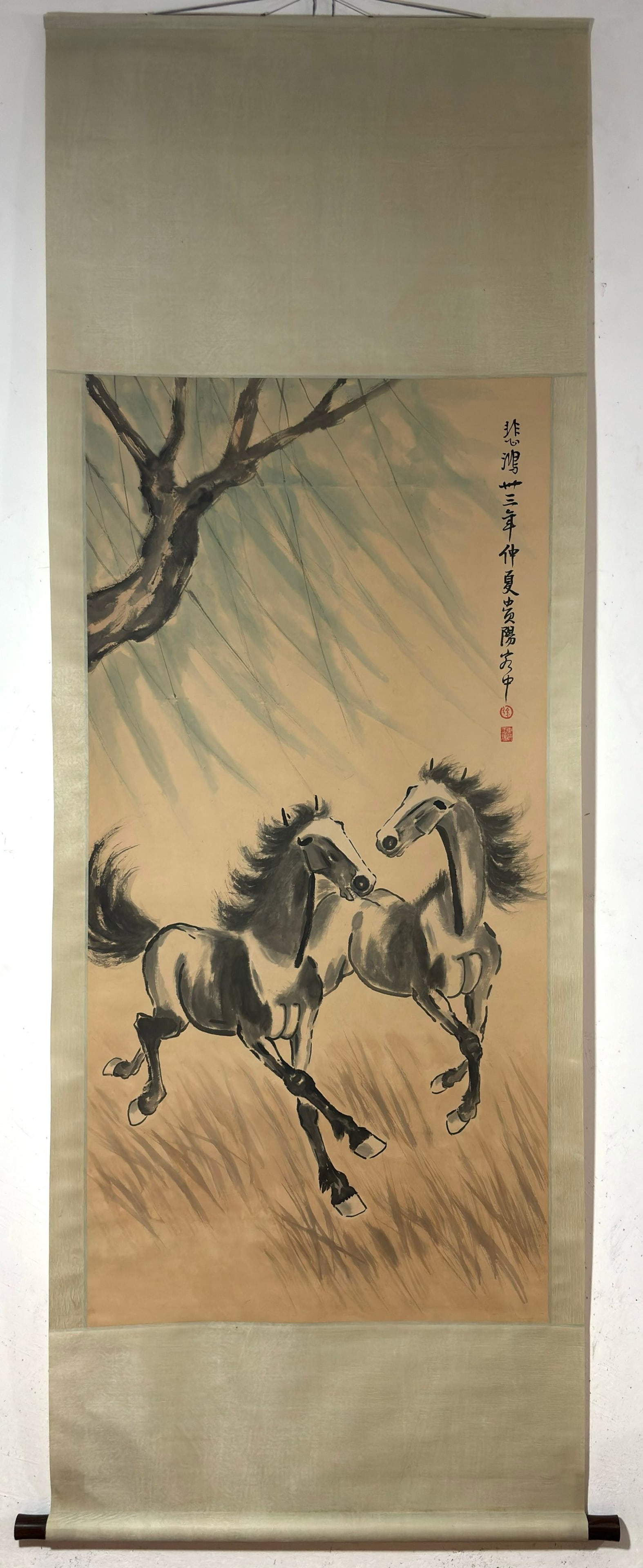 A Chinese Vertical Scroll Ink Painting of Horse on Paper: A Chinese Vertical Scroll Ink Painting of Horse on Paper,Xu Beihong,Size:52.8inx26in 一幅中国水墨骏马画立轴,徐悲鸿