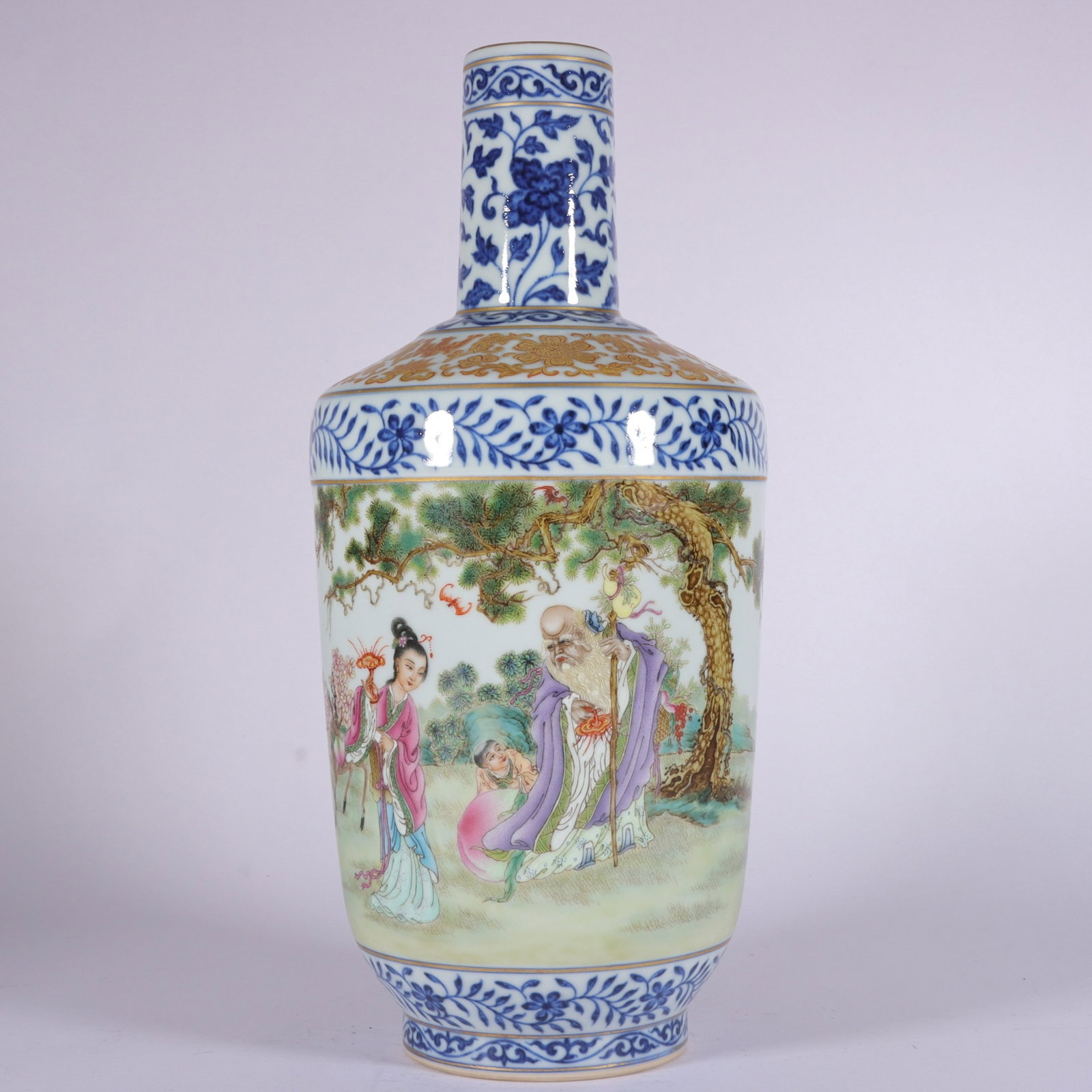 A Rare Blue and White Famille-Rose Painted Gold Character and Story Pattern Vase,with poem: A Rare Blue and White Famille-Rose Painted Gold Character and Story Pattern Vase,with poem,Qing Dynasty,China,Qianlong Six-character Mark,Size:11.8inx5.1in 青花粉彩描%