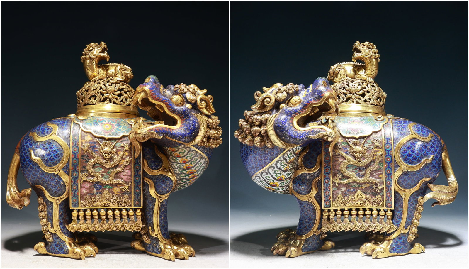 A Pair of Rare Cloisonne Auspicious Cloud and Dragon Pattern Lion-Shaped Censers: A Pair of Rare Cloisonne Auspicious Cloud and Dragon Pattern Lion-Shaped Censers,Qing Dynasty, China,Size:14.6inx7.9inx15in,Weight:24700g 一对景泰蓝祥云࿵