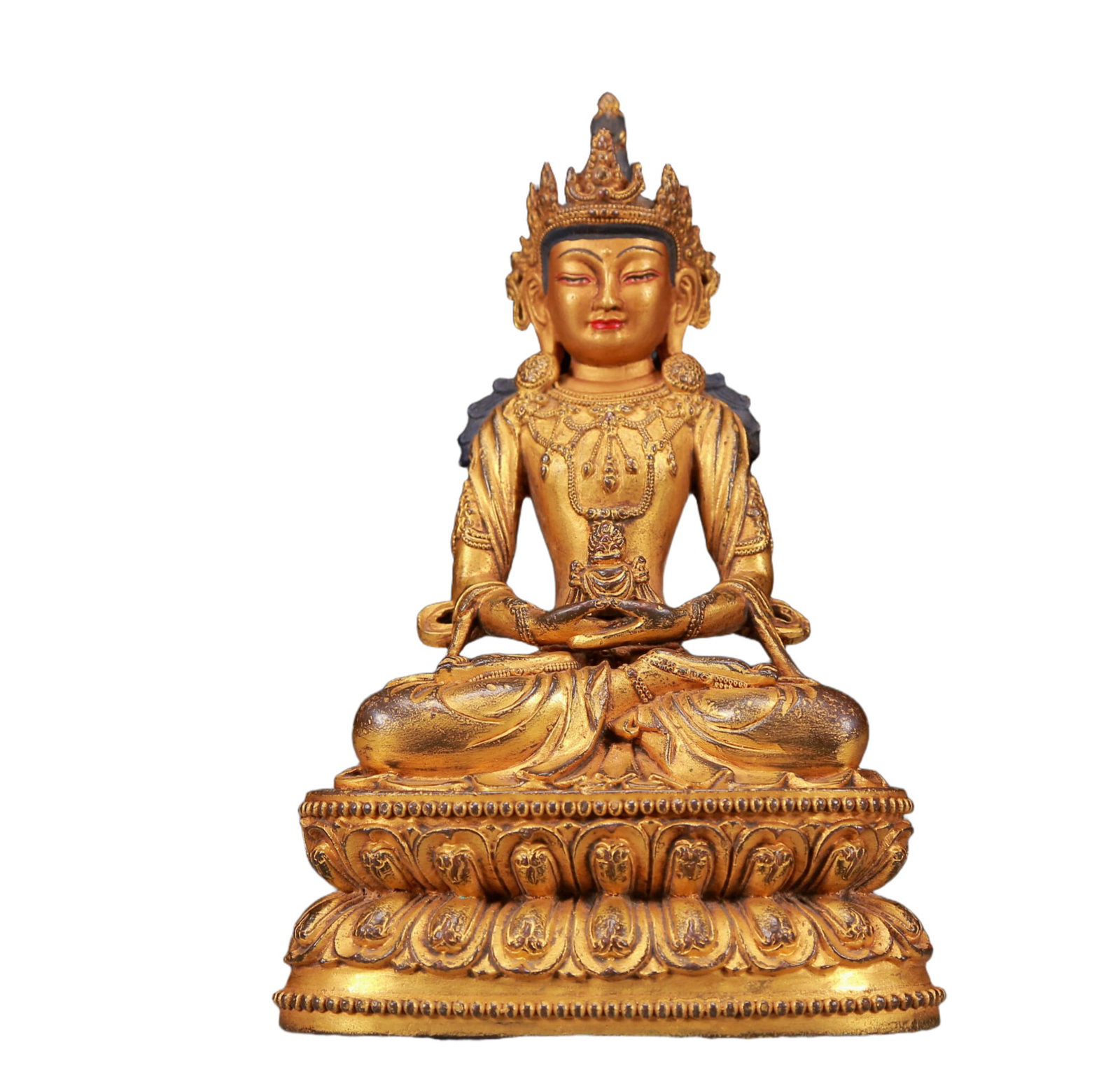 A Solemn Gilt Bronze Statue of Amitayus: A Solemn Gilt Bronze Statue of Amitayus,Qing Dynasty, China,Size:4.3inx3inx6.9in,Weight:1205g 铜鎏金无量寿佛像，清代