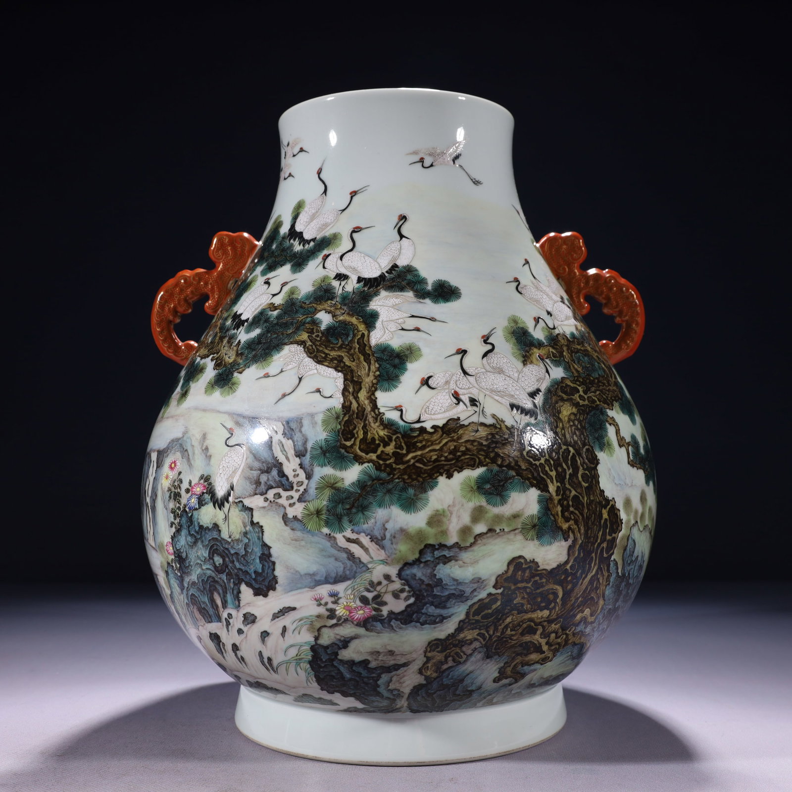 An Exquisite Enamel Pine and Crane Pattern Double-Ears Vase,with poem: An Exquisite Enamel Pine and Crane Pattern Double-Ears Vase,with poem,Qing Dynasty,China,Qianlong Six-character Mark,Size:9.4inx13in,Weight:4100g 珐琅彩松鹤纹ࡡ