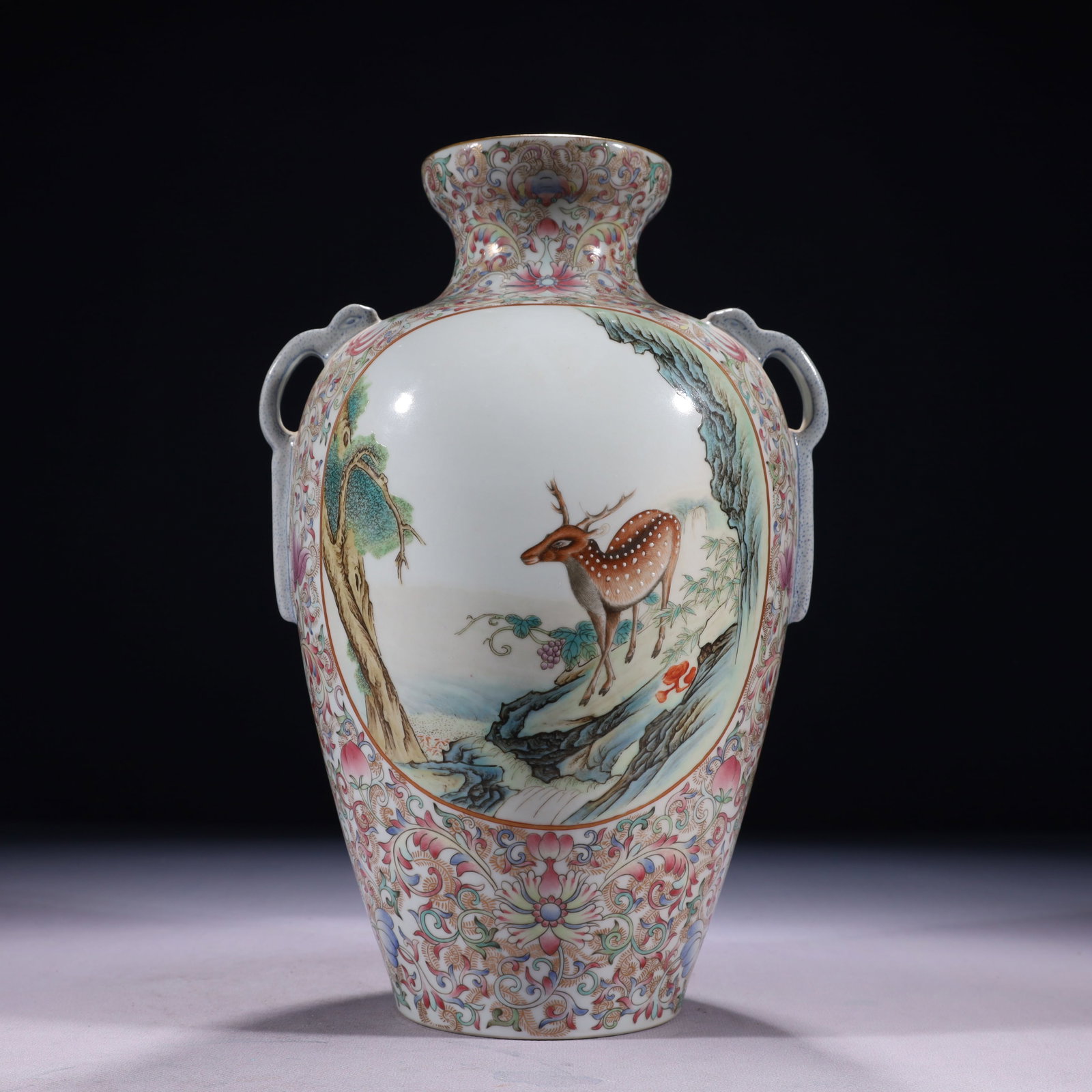 An Exquisite Enamel Painted Gold Pine and Deer Pattern Double-Ears Vase (1 of 11)