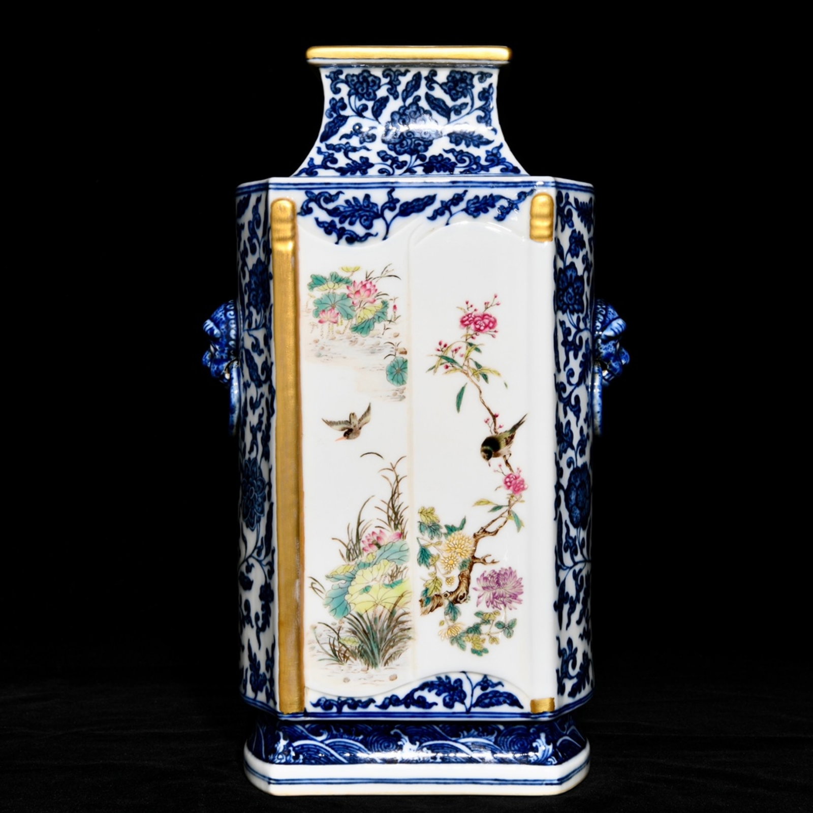A Rare Blue and White Famille-Rose Painted Gold Flower and Bird Pattern Beast-Ears Vase: A Rare Blue and White Famille-Rose Painted Gold Flower and Bird Pattern Beast-Ears Vase,Qing Dynasty,China,Qianlong Six-character Mark,Size:13.3inx7.9in 青花粉彩描金