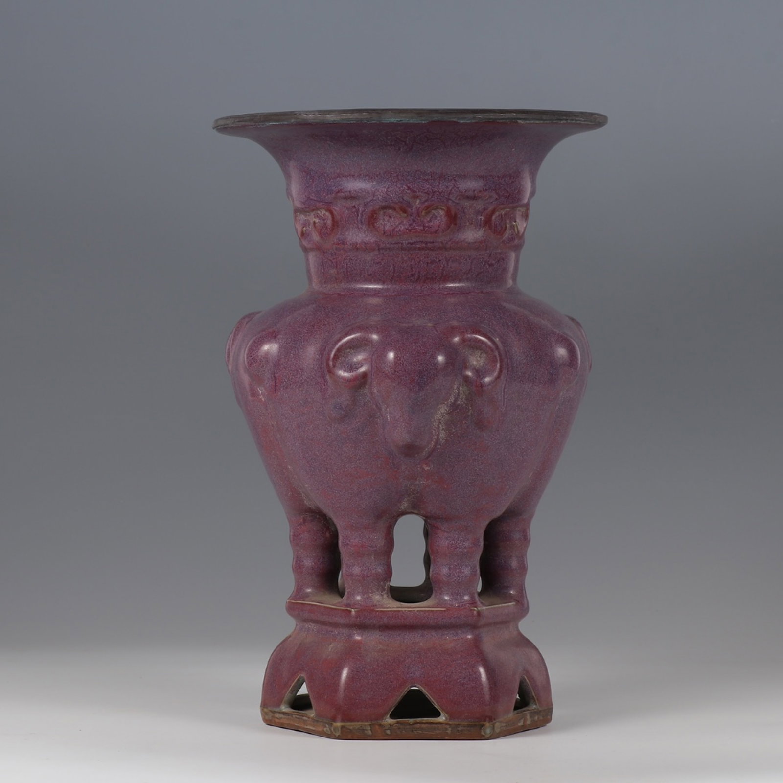 An Exquisite Jun yao Purple Glazed Cover with Silver Sheep Pattern Vase,Inlaid Gems: An Exquisite Jun yao Purple Glazed Cover with Silver Sheep Pattern Vase,Inlaid Gems,Song Dynasty,China,Size:11.6inx7.5in 钧窑紫釉银口羊纹瓶,॔