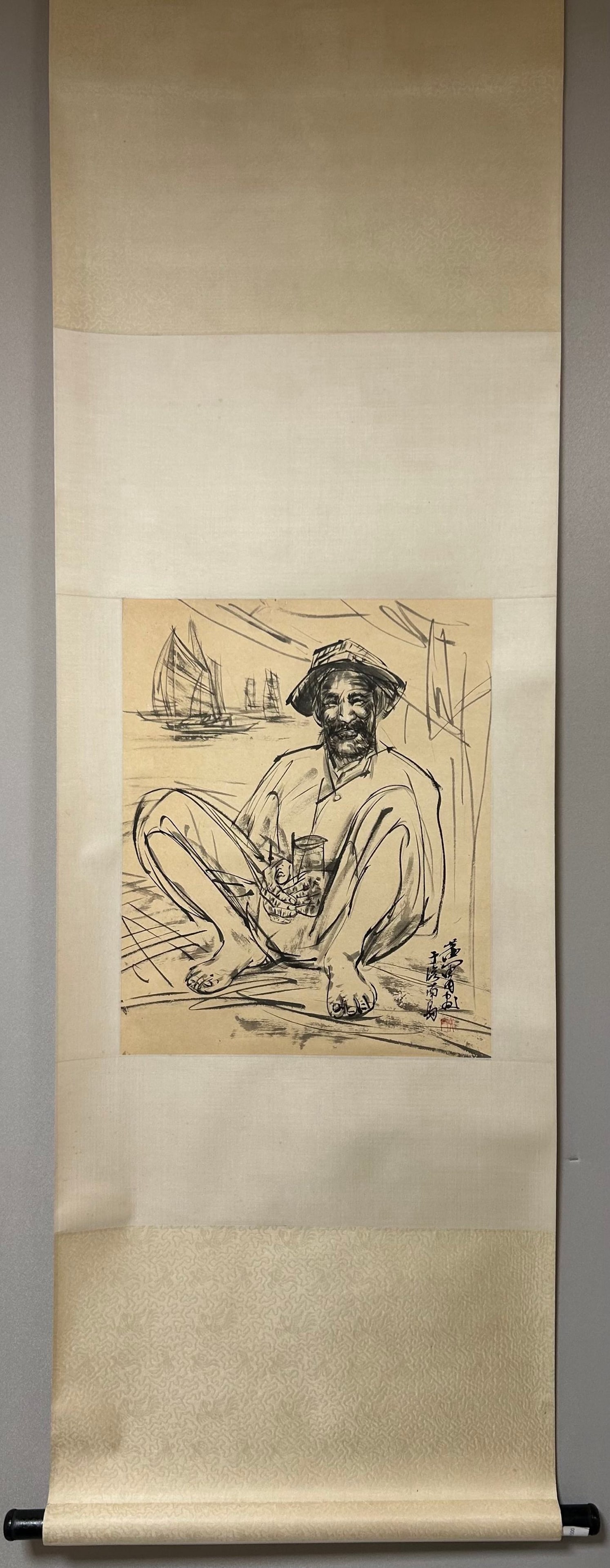 A Chinese Vertical Scroll Ink Painting of Figure on Paper: A Chinese Vertical Scroll Ink Painting of Figure on Paper,Huang Zhou,Size:13.8inx17.7in 一幅中国水墨人物画立轴,黄胄