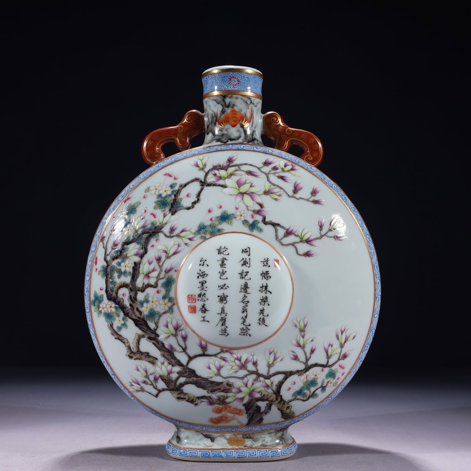 An Exquisite Famille-Rose Painted Gold Flower and Butterfly Pattern Double-Ears Vase,with poem: An Exquisite Famille-Rose Painted Gold Flower and Butterfly Pattern Double-Ears Vase,with poem,Qing Dynasty,China,Qianlong Six-character Mark,Size:8.3inx5.1inx12.2in,Weight:2250g