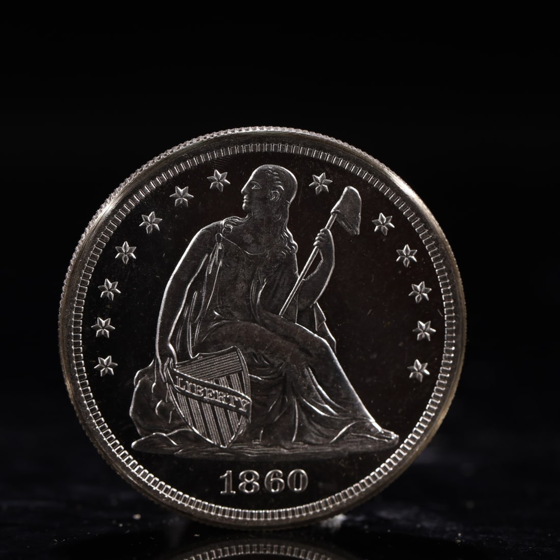 USA One Dollar 1860 Coin: American coin. IN GOD WE TRUST / LIBERTY / 1860 / UNITED STATES OF AMERICA / ONE DOL. Mint Mark: O.Weight:26.9g.